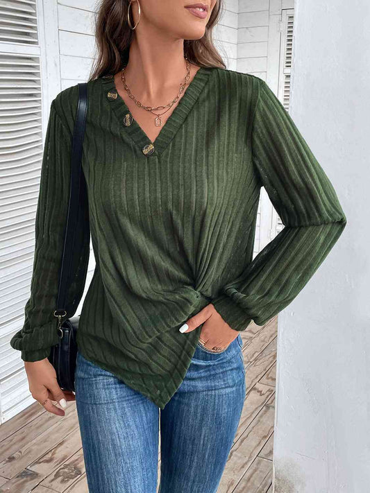 Twisted V-Neck Buttoned Long Sleeve T-Shirt - Just Enuff Sexy