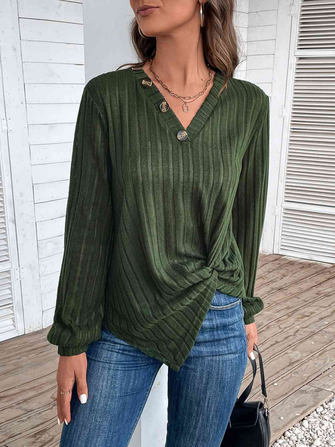 Twisted V-Neck Buttoned Long Sleeve T-Shirt - Just Enuff Sexy