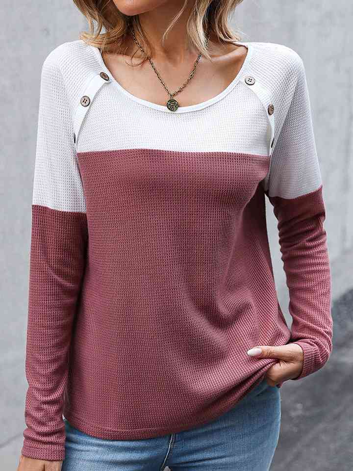 Two-Tone Buttoned Waffle-Knit Top - Just Enuff Sexy