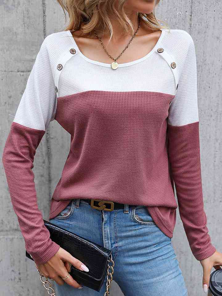 Two-Tone Buttoned Waffle-Knit Top - Just Enuff Sexy