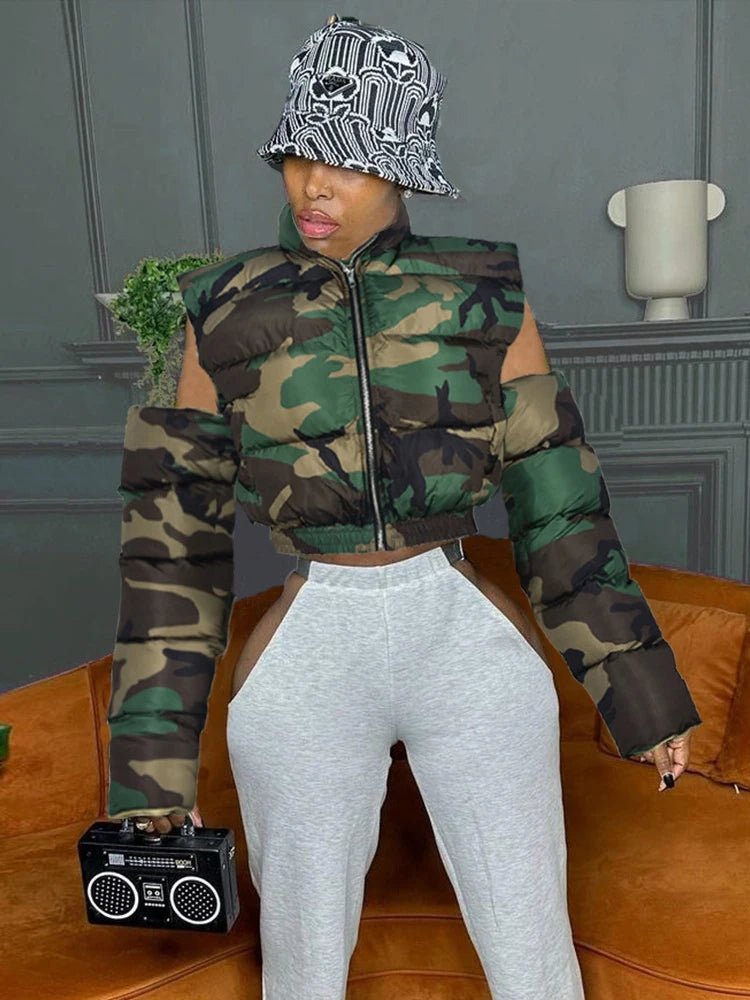 Women's Cotton-Padded Hollow Out Camouflage Jacket - Just Enuff Sexy