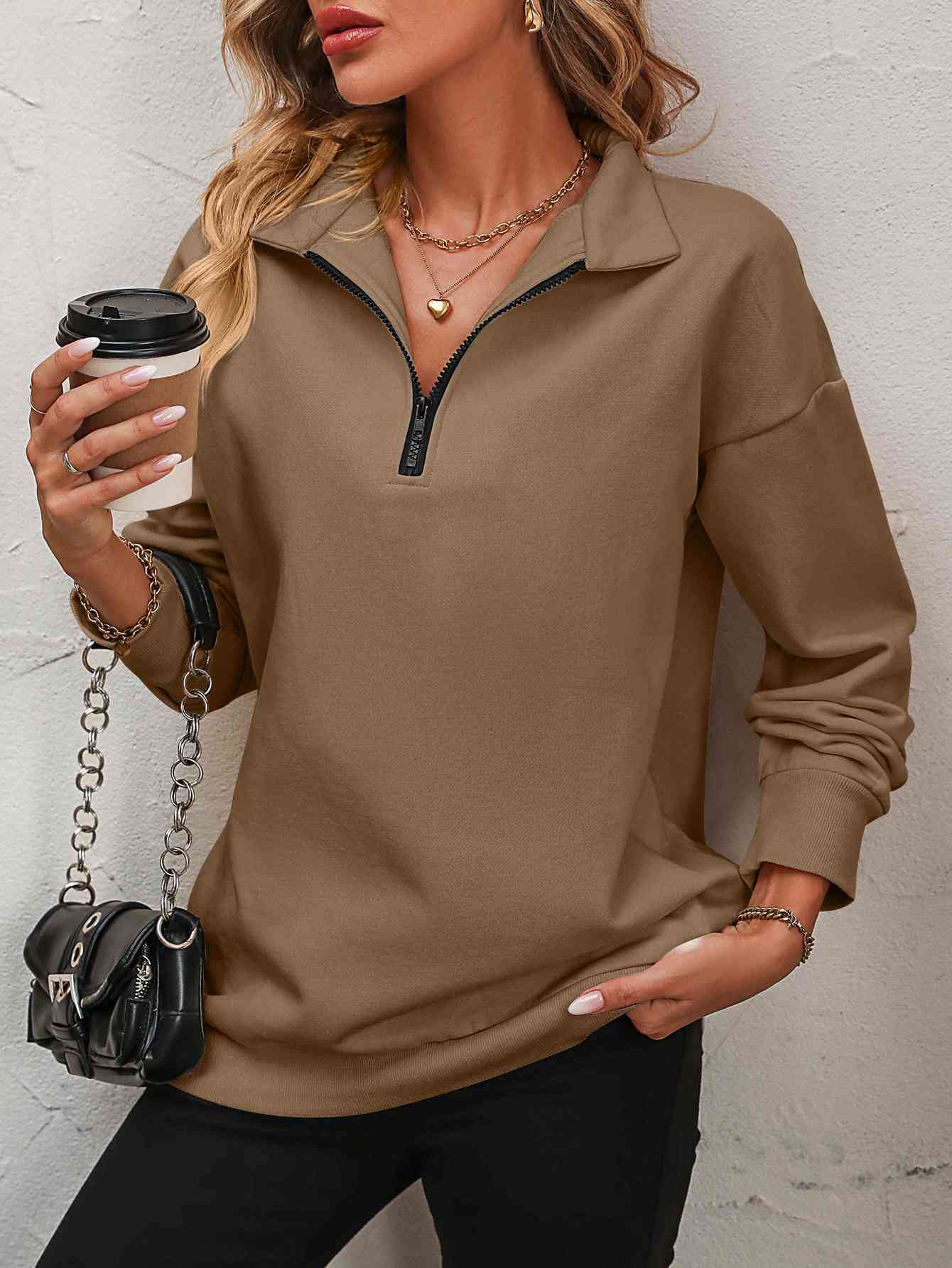 Zip-Up Dropped Shoulder Sweatshirt - Just Enuff Sexy